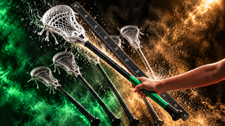 Youth lacrosse stick size illustrated by a child holding a stick beside a numbered ruler, with green and gold lighting.
