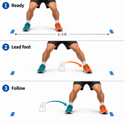 Lacrosse conditioning without running: three-step lateral footwork drill showing the ready stance, lead step, and trailing foot following.