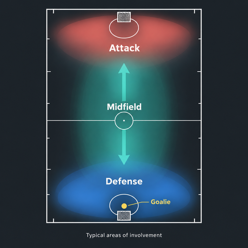 Women’s Lacrosse positions diagram showing typical areas for attack, midfield, defense, and goalie, with arrows indicating midfield movement between both ends.