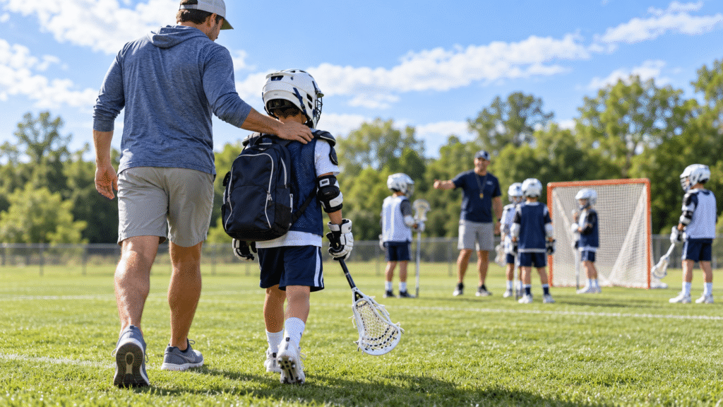 Child carrying a Lacrosse stick walks beside a parent toward their first Lacrosse practice on a sunny field.