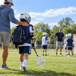 Child carrying a Lacrosse stick walks beside a parent toward their first Lacrosse practice on a sunny field.
