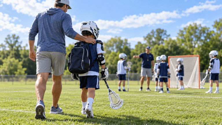 Child carrying a Lacrosse stick walks beside a parent toward their first Lacrosse practice on a sunny field.