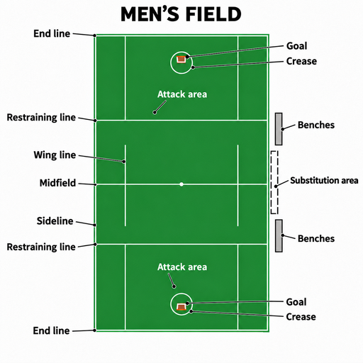 Lacrosse field layout showing men’s field boundaries, restraining lines, wing lines, goals, creases, and substitution area.