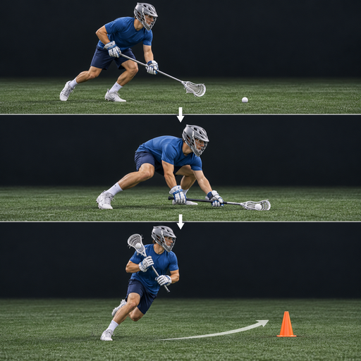 Lacrosse solo training sequence showing a player approaching a ground ball, scooping it, and carrying it toward an exit cone.