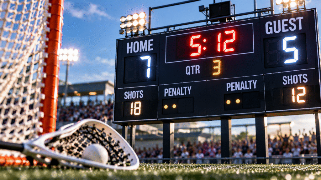 Lacrosse scoring scoreboard showing goals, game time, quarter, and shots beside a Lacrosse goal.