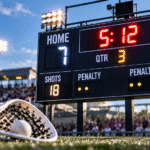 Lacrosse scoring scoreboard showing goals, game time, quarter, and shots beside a Lacrosse goal.