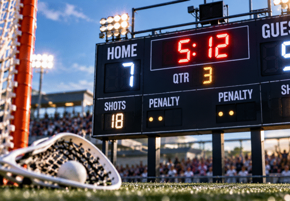Lacrosse scoring scoreboard showing goals, game time, quarter, and shots beside a Lacrosse goal.