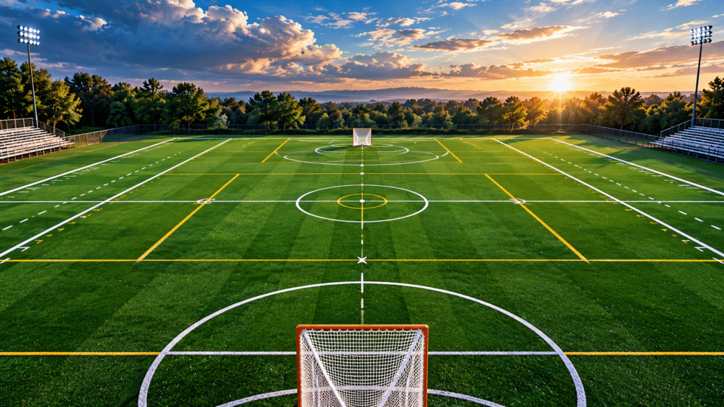 Lacrosse field layout showing clearly marked lines, zones, midfield circle, and goal areas on a vibrant green field.