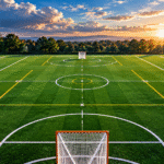 Lacrosse field layout showing clearly marked lines, zones, midfield circle, and goal areas on a vibrant green field.