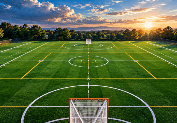 Lacrosse field layout showing clearly marked lines, zones, midfield circle, and goal areas on a vibrant green field.