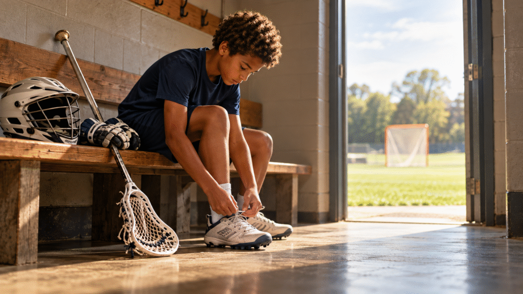 Child ready for lacrosse tying cleats on a locker room bench beside a helmet, gloves, and stick.