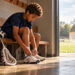 Child ready for lacrosse tying cleats on a locker room bench beside a helmet, gloves, and stick.