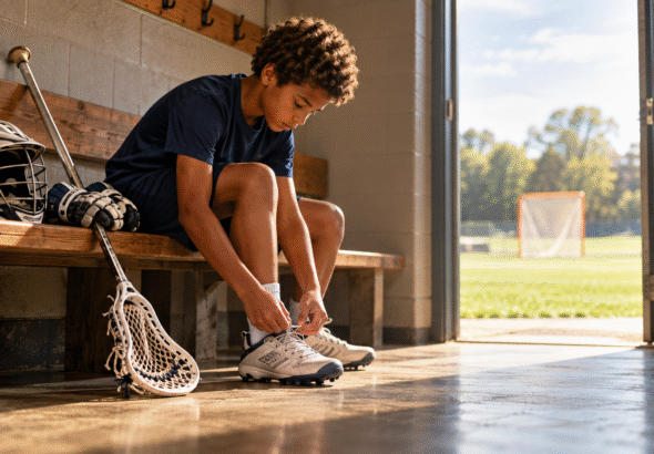 Child ready for lacrosse tying cleats on a locker room bench beside a helmet, gloves, and stick.
